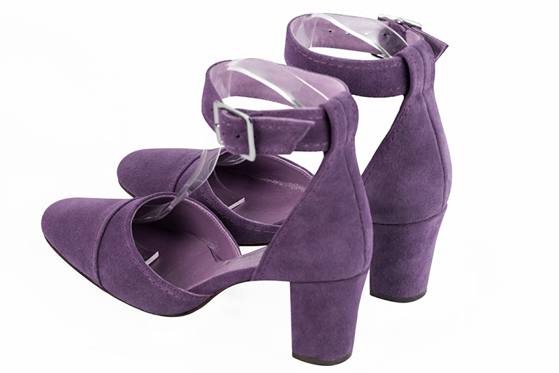 Amethyst purple women's open side shoes, with a strap around the ankle. Round toe. Medium block heels. Rear view - Florence KOOIJMAN